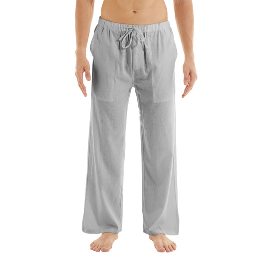 Men's Casual Linen Cotton Pants Breathable Loos Elastic Waist