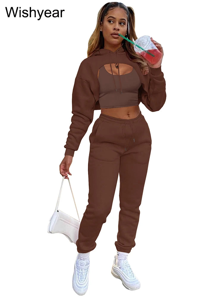 Wisyear Women's 3-Piece Velvet Tracksuit Set - Crop Hoodie, Vest, and Sweatpants Matching Outfit