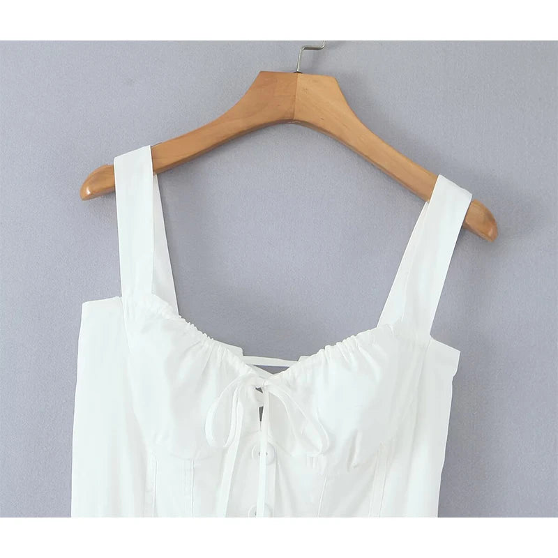 Elegant White Cotton Sling Dress for Women with Lace-Up Bandage Back