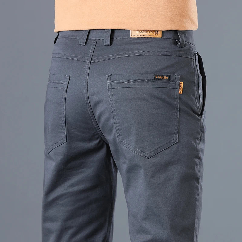 Men's Classic Slim Straight Trousers - Pure Cotton Stretch Pants