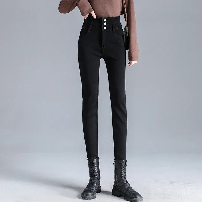 Women's High-Waisted Stretch Denim Pants with Multi-Button Closure
