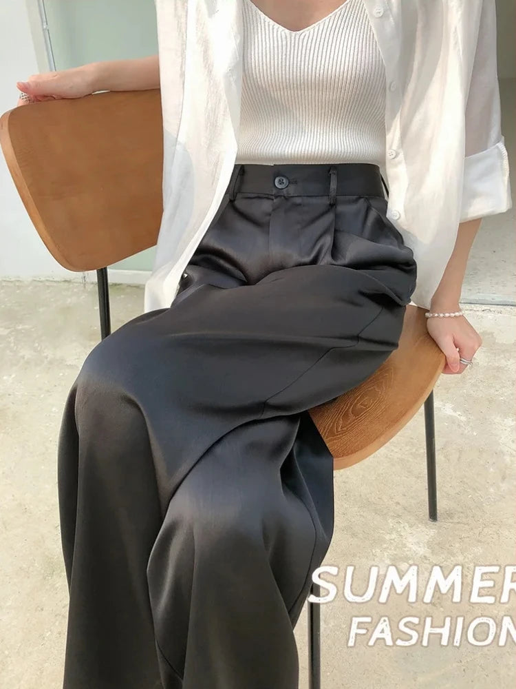 Elegant High-Waist Satin Wide-Leg Pants for Women - Chic Straight-Leg Trousers