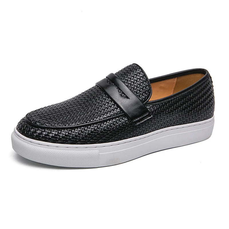 Men's Slip-On Loafers - Soft Leather Shoes with Elegant Weave Pattern