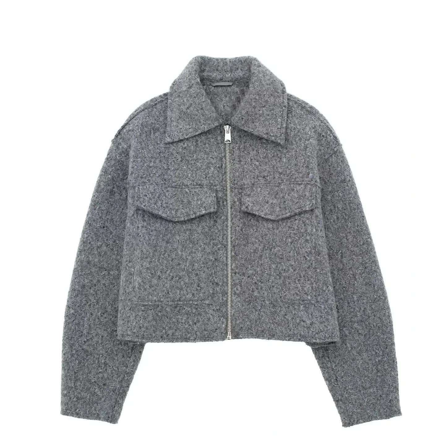 omen's Long Sleeve Woolen Zipper Jacket with Pockets
