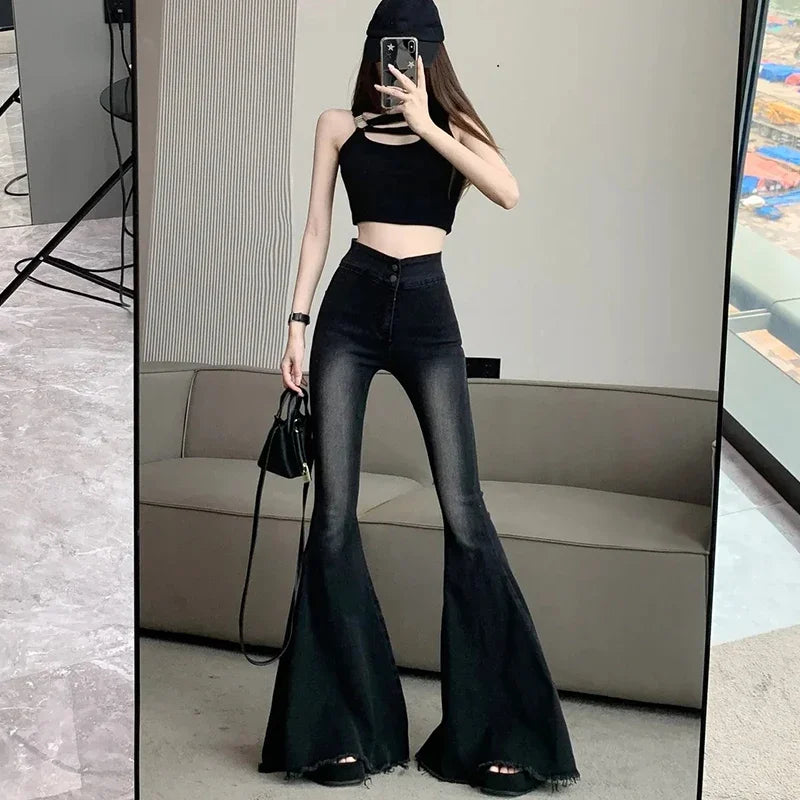 Women's Vintage High Waist Flare Jeans - Slim Fit Wide Leg Denim Pants