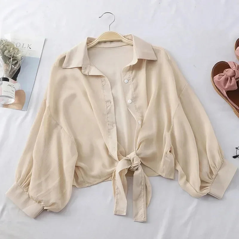 Women's Loose Tied Waist Blouse - Half Sleeve Chiffon Button-Up Shirt