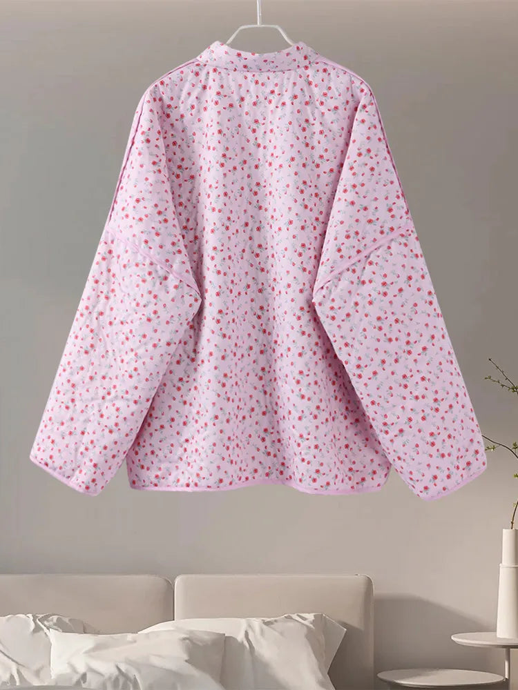 Floral Print Loose-Fit Pink Lace-Up Jacket for Women