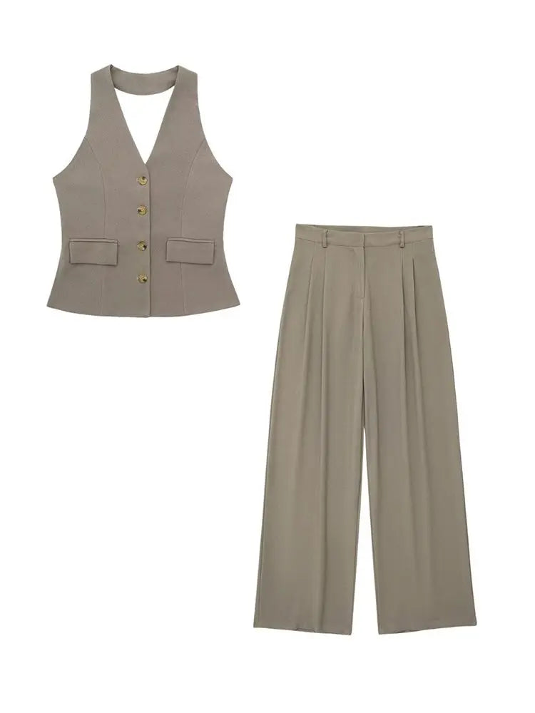 Women's Halter Neck Sleeveless Vest Top & Wide-Leg Pants 2-Piece Set