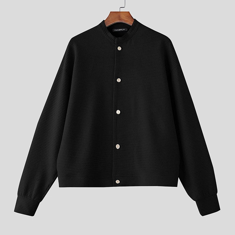 Incerun Men's Stand Collar Jacket with Long Sleeves and Button Closure