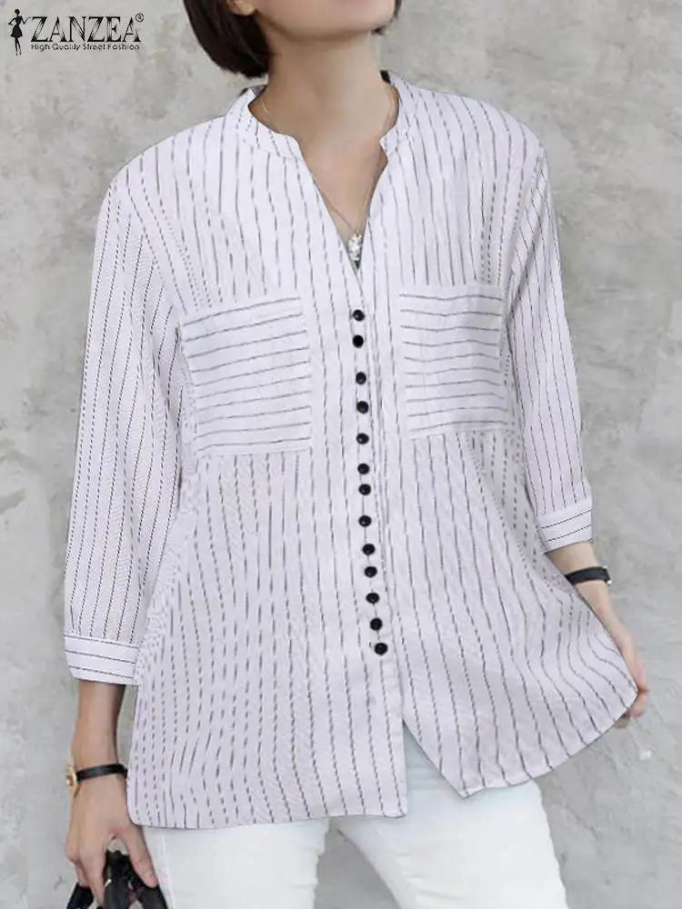ZANZEA Women's Vintage Striped Blouse - 3/4 Sleeve Loose-Fitting Button-Up Shirt