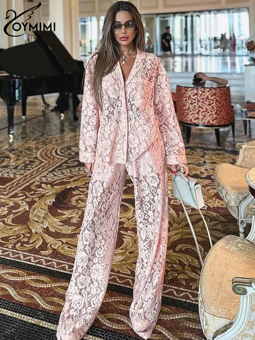 Oymimi Women's 2-Piece Casual Set | Long Sleeve Button Shirt & High-Waist Straight Trousers