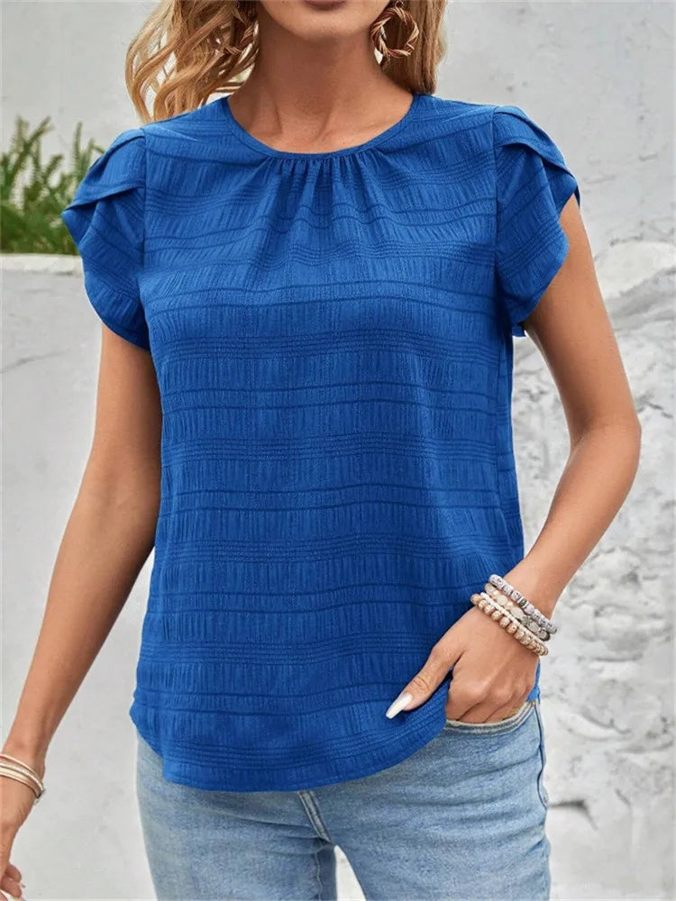 Women's Short Sleeve Loose Fit Round Neck Petal Sleeve Blouse