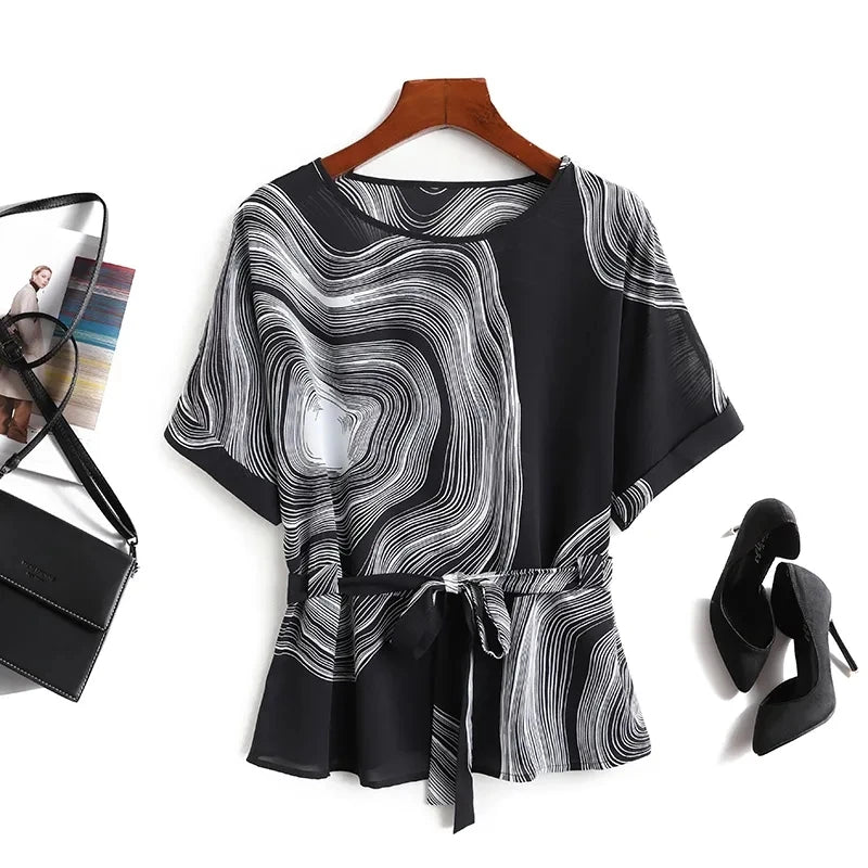 Vintage Chiffon Blouse for Women - Striped, Short Sleeve, Lace-Up