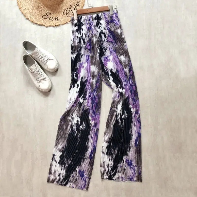 REALEFT Vintage High-Waist Printed Long Pants - Loose Wide Leg Fit- Loose Wide Leg Fit