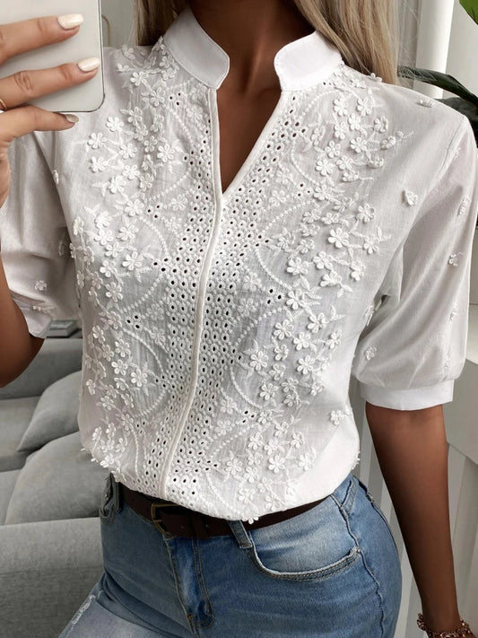 "Women's V-Neck Embroidered Cotton Blouse with Lantern Sleeves