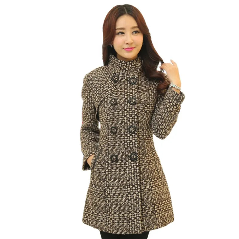 Women's Wool Blend Coat - Elegant Plaid Slim Fit Long Coat