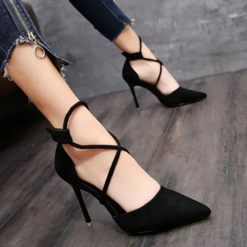 Women's Suede High Heels Roman Sandals with Cross Strap & Buckle Closure