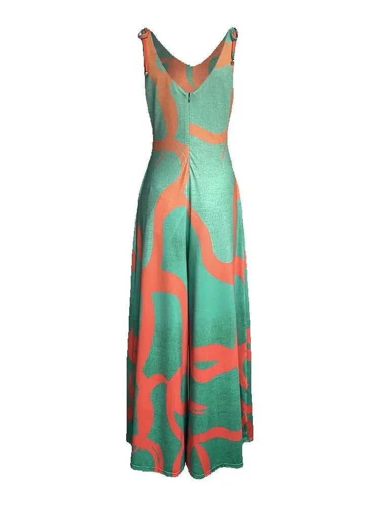 Women's Floral Print V-Neck Dress with Lace-Up Detail & Wide Leg Fit