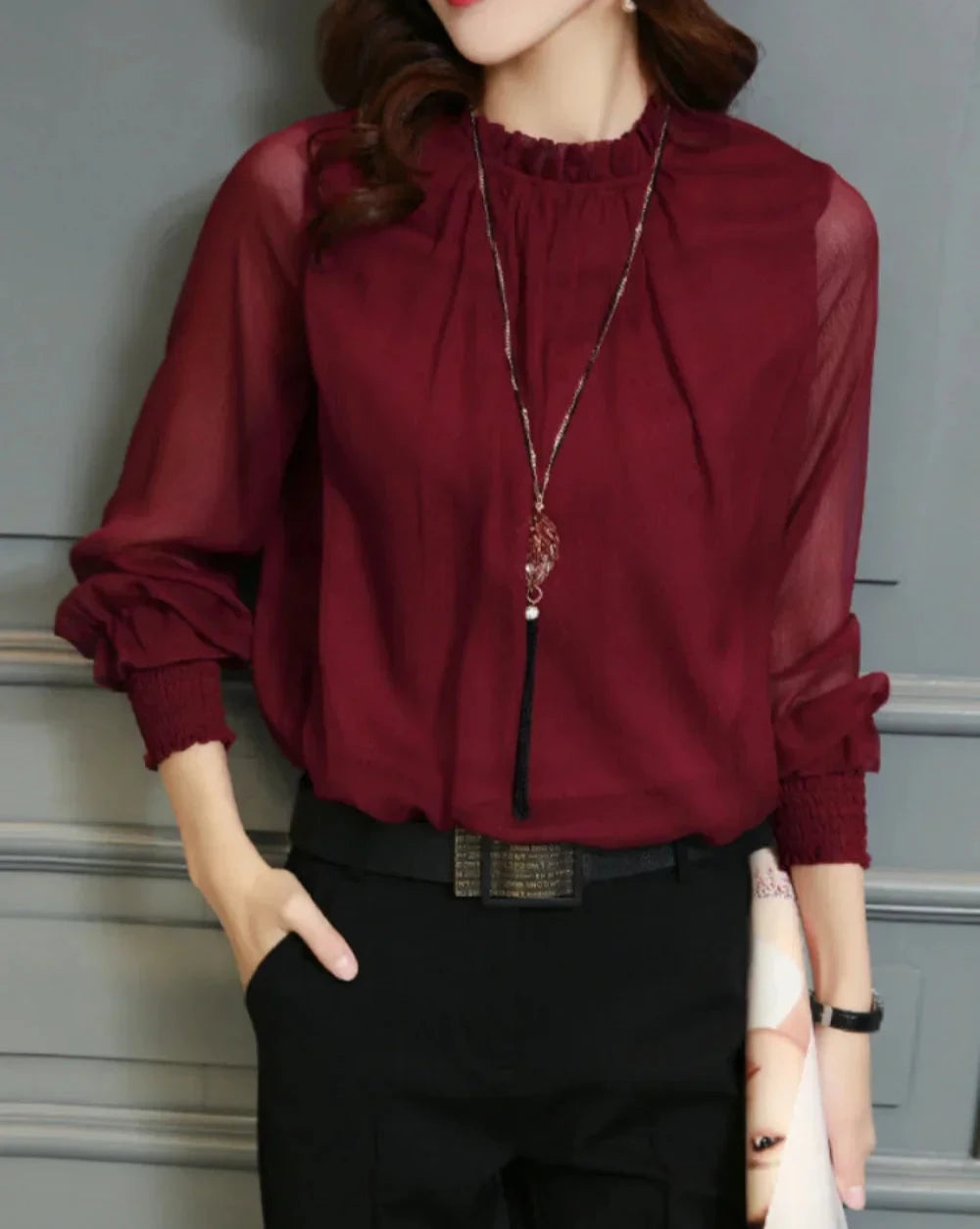 Chic Long Sleeve Ruffled Chiffon Blouse for Women - Various Colors