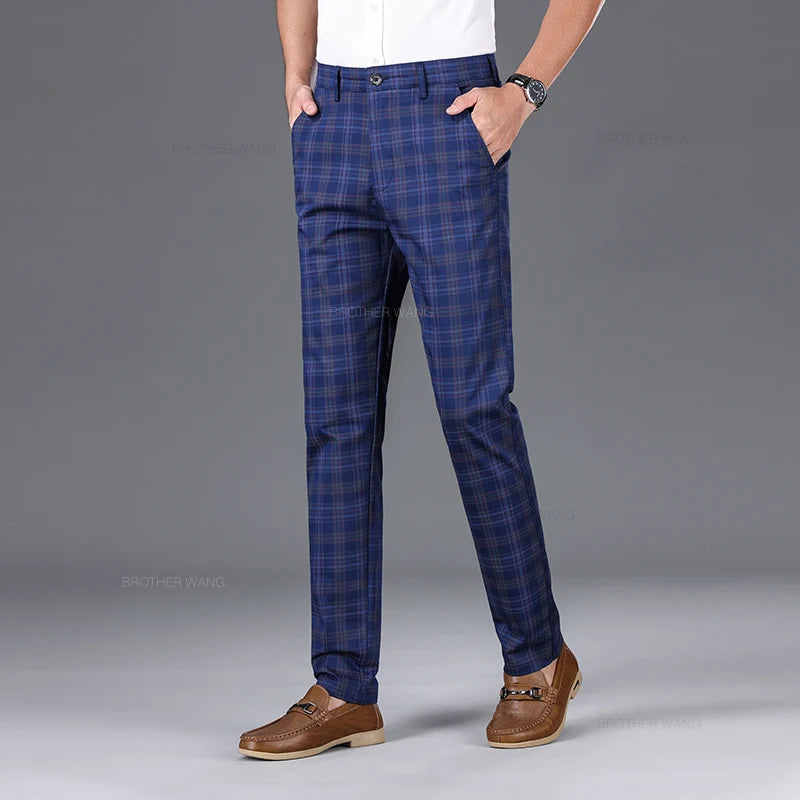 Slim Fit Cotton Plaid Stretch Trousers for Men