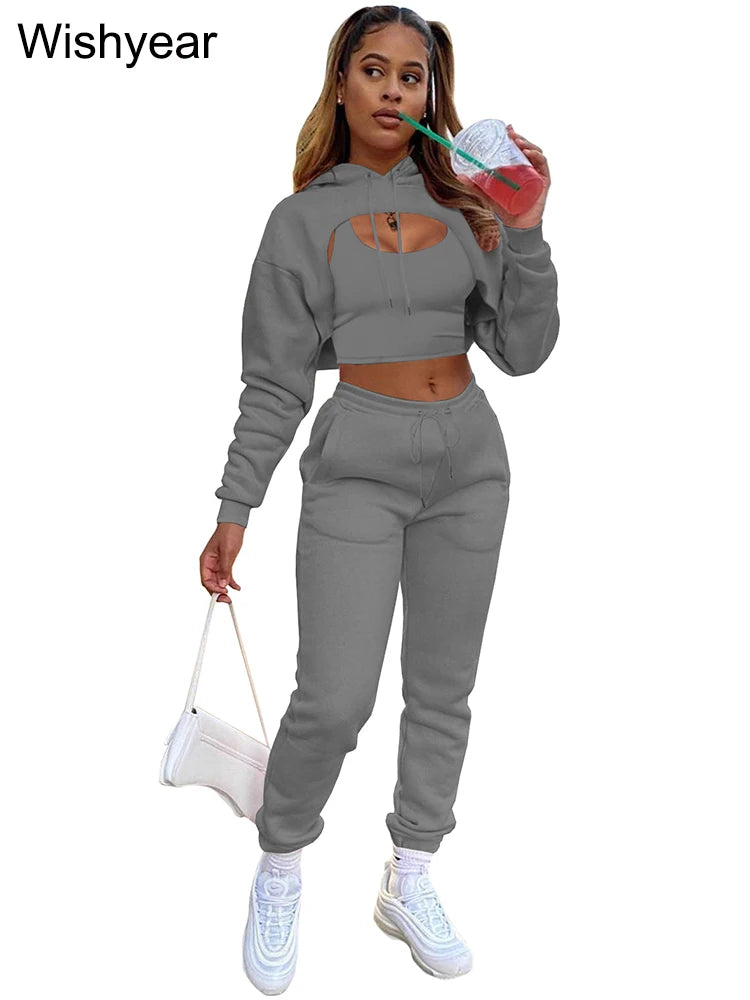 Wisyear Women's 3-Piece Velvet Tracksuit Set - Crop Hoodie, Vest, and Sweatpants Matching Outfit