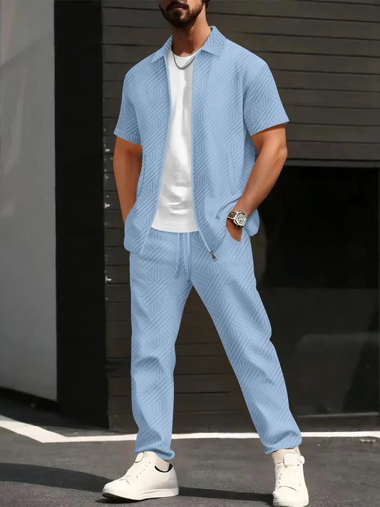 Men's Geometric Jacquard 2-Piece Short Sleeve Shirt and Pants Set with Turn-Down Collar and Zip Closure