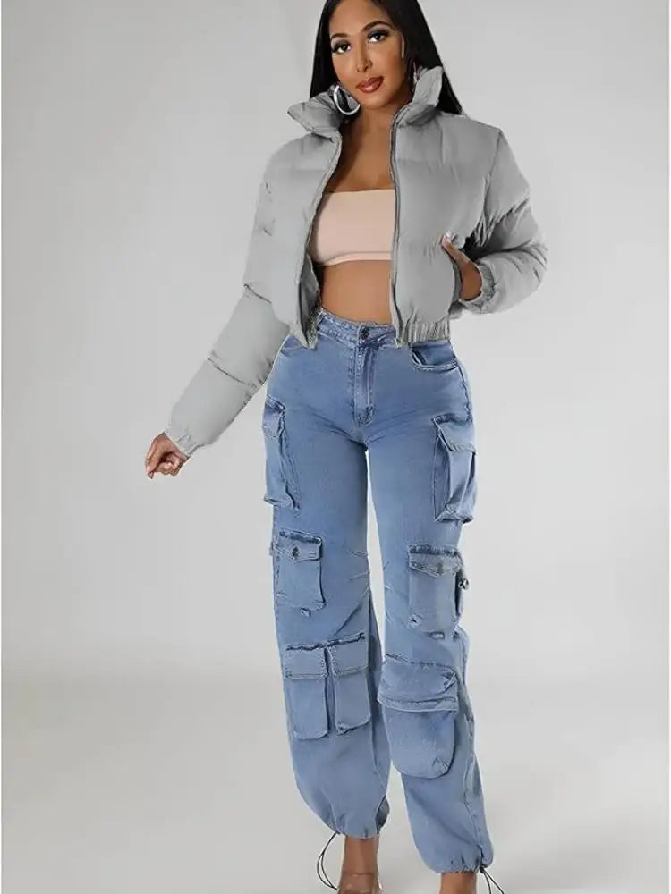 Women's Cropped Puffer Jacket - Casual Zip-Up Cotton Jacket with Padding