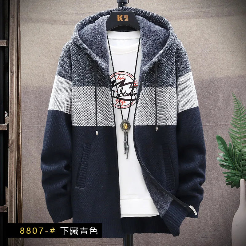 Men's Casual Striped Fleece Zip-Up Cardigan