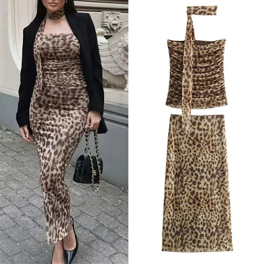 2-Piece Leopard Print Tulle Crop Top Set for Women