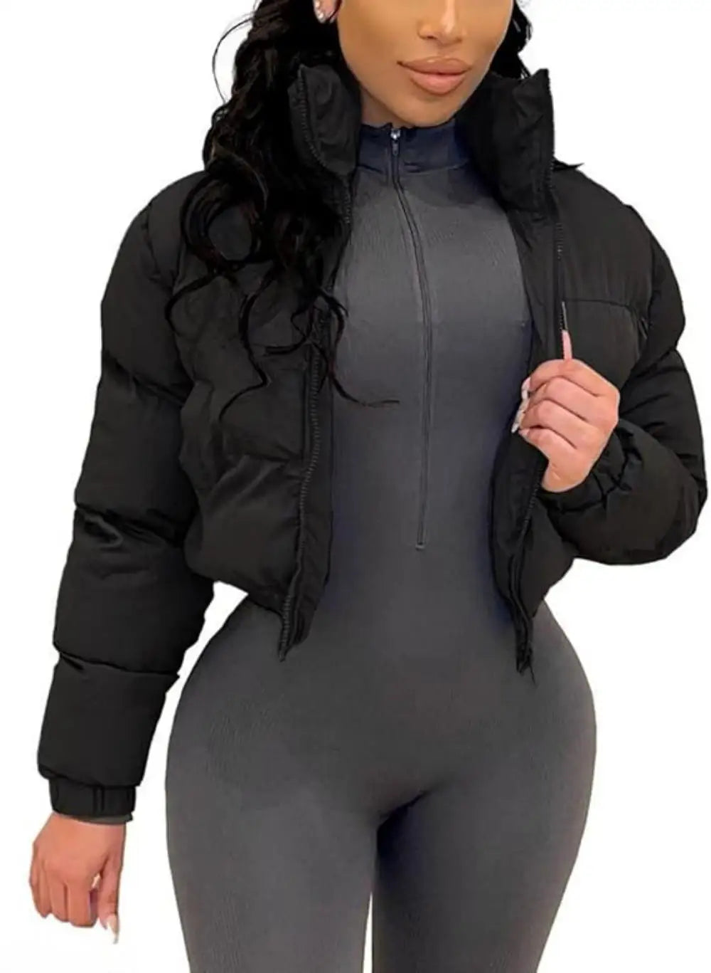 Women's Cropped Puffer Jacket - Casual Zip-Up Cotton Jacket with Padding