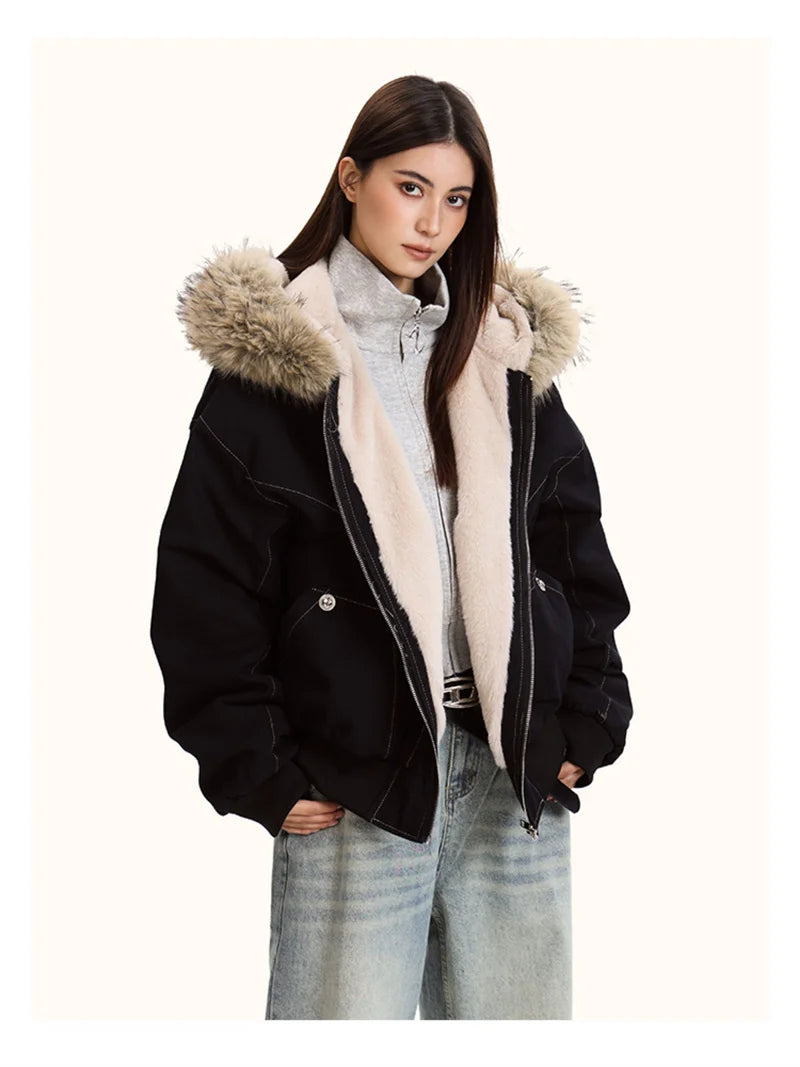 Unisex Fur Collar Hooded Parkas - Thicken Padded Casual Jackets with Zipper