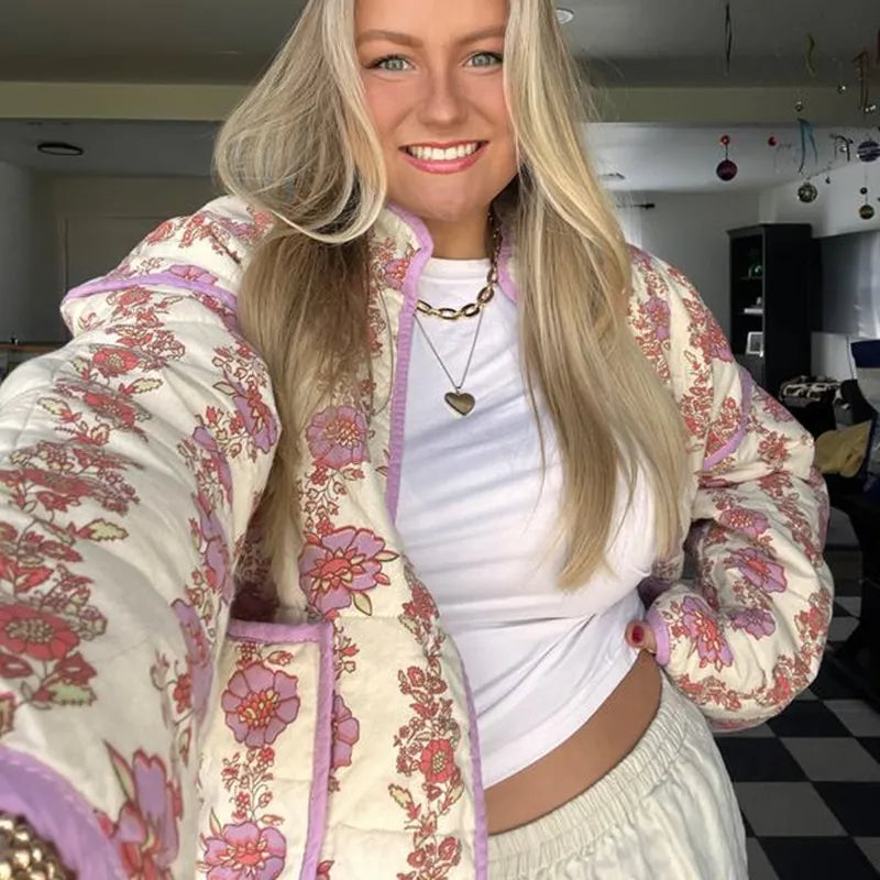 Women's Floral Print Lightweight Padded Quilted Cardigan Jacket