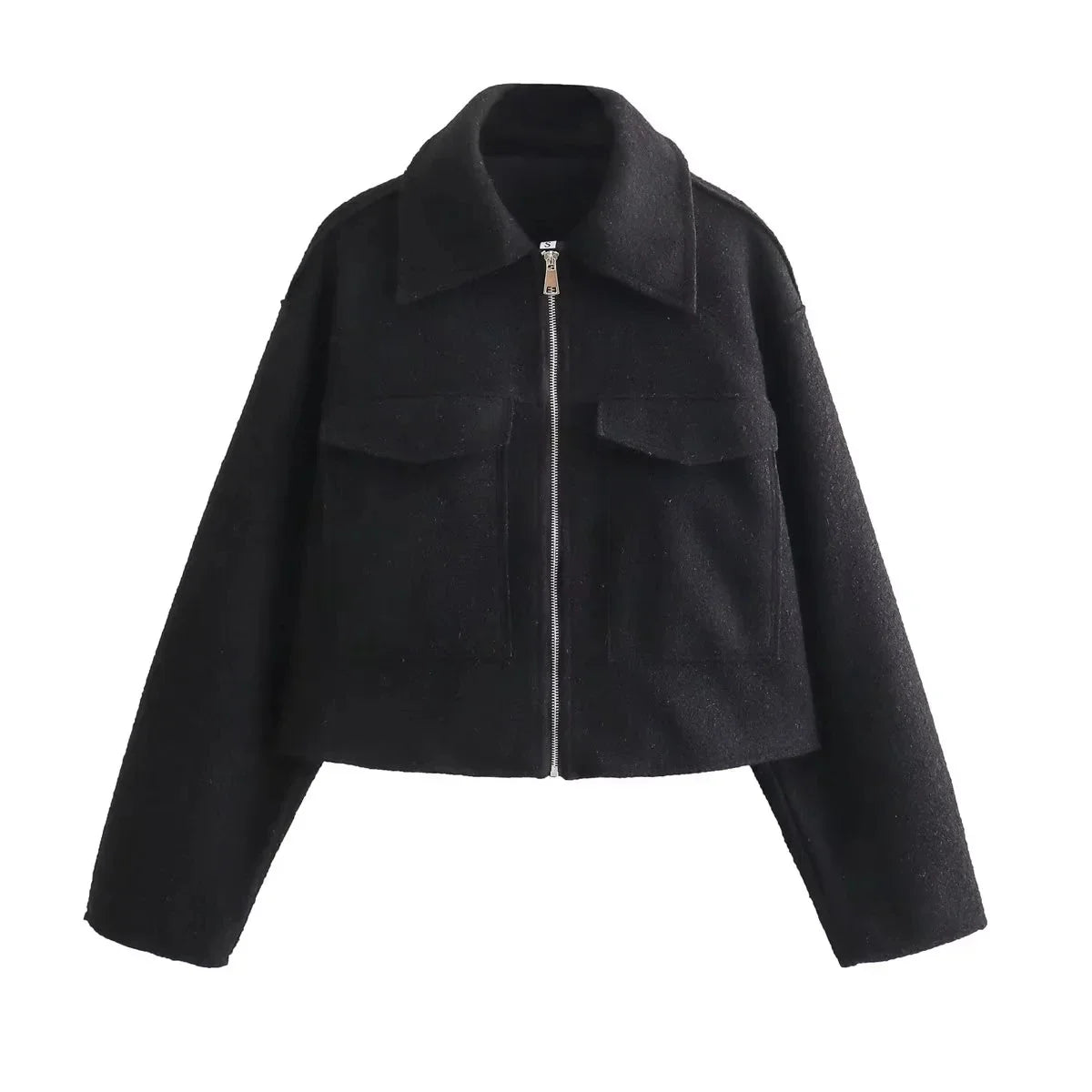 omen's Long Sleeve Woolen Zipper Jacket with Pockets