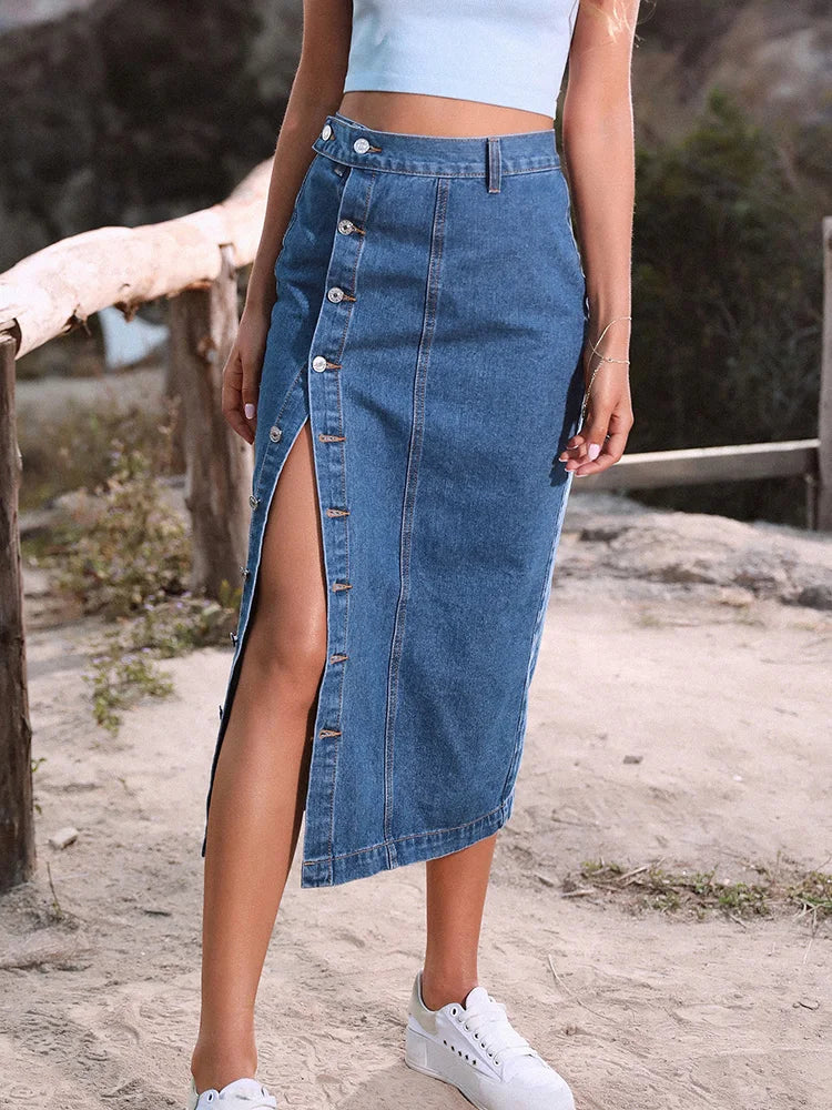 Elegant Women's Denim Skirt - High Waist Button Skirt with Side Split