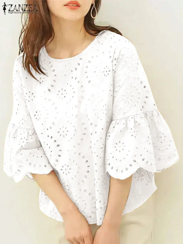 ZANZEA Women's Casual Loose Blouse with Hollow Out Lace Crochet Embroidery
