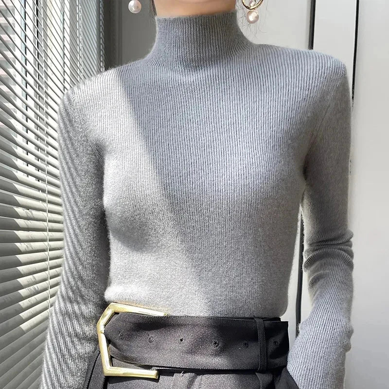 Ribbed Neck Sweater for Women - Fitted Knitted Pullovers