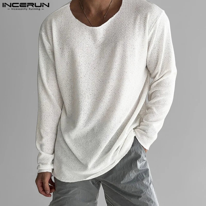 Person wearing a textured white long-sleeve shirt and gray pants on a gray background with 'INCERUN' branding.