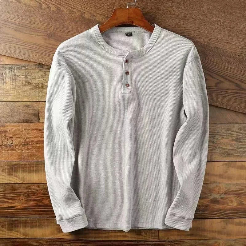 Slim Fit Men's Henley Long Sleeve Shirt – Breathable Cotton, Half Button Design