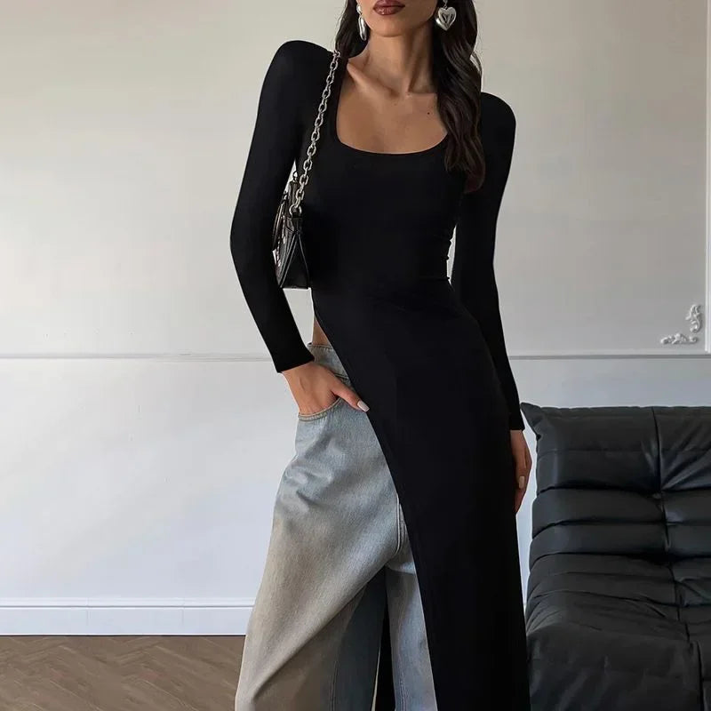 Women’s Classic U-Neck Skinny Sweater Dress with Side Slits