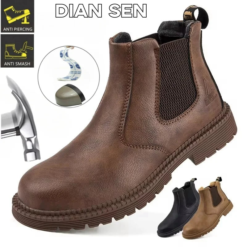 Waterproof Safety Work Shoes for Men - Steel Toe Leather Work Boots with Slip-Resistant Sole