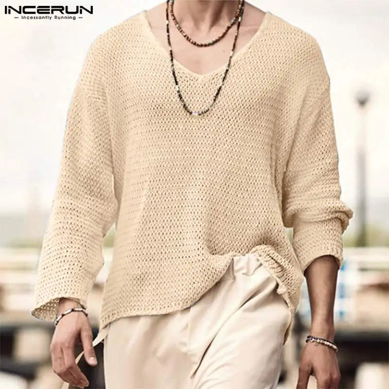 INCERUN Men's V-Neck Sweater with Mesh Design
