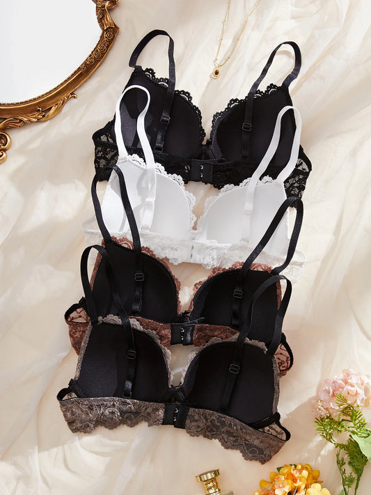 4-Piece Women's Lace Trim Set with Rhinestones - Push-Up Underwire Bra