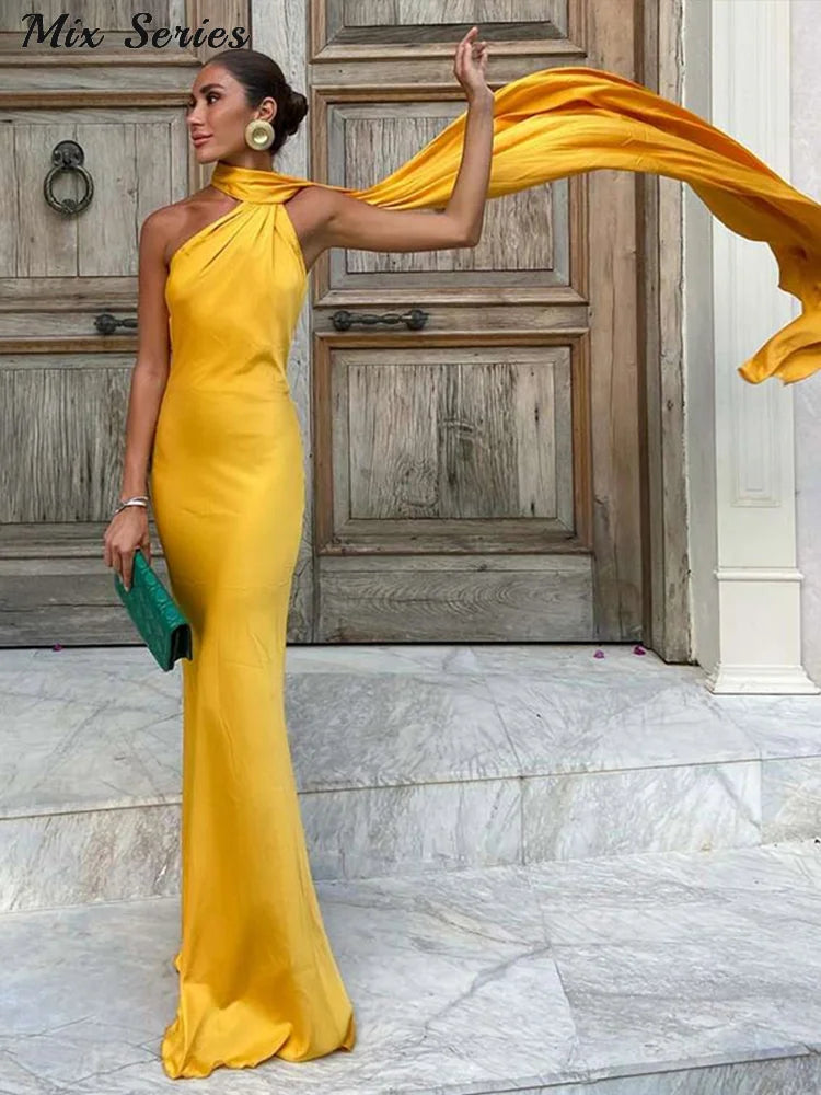 Elegant Backless Long Satin Halter Neck Dress for Women