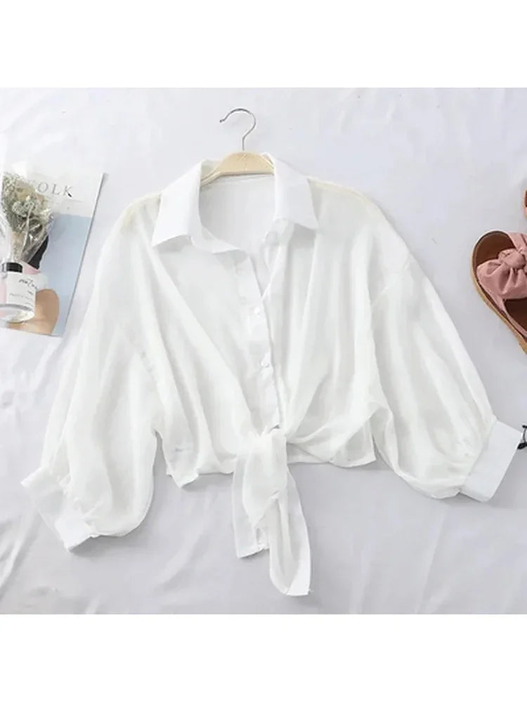 Women's Loose Tied Waist Blouse - Half Sleeve Chiffon Button-Up Shirt