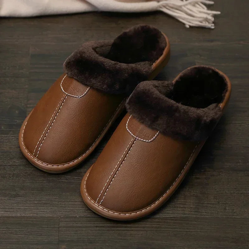 Unisex Waterproof Faux Leather Fluffy Casual Slippers - Various Colors