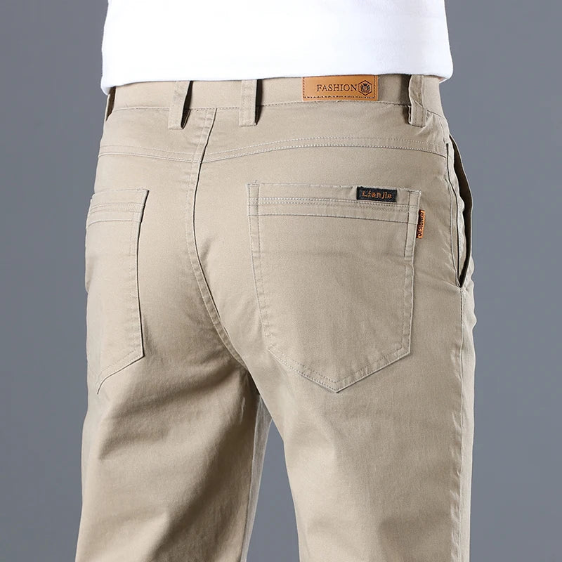 Men's Classic Slim Straight Trousers - Pure Cotton Stretch Pants