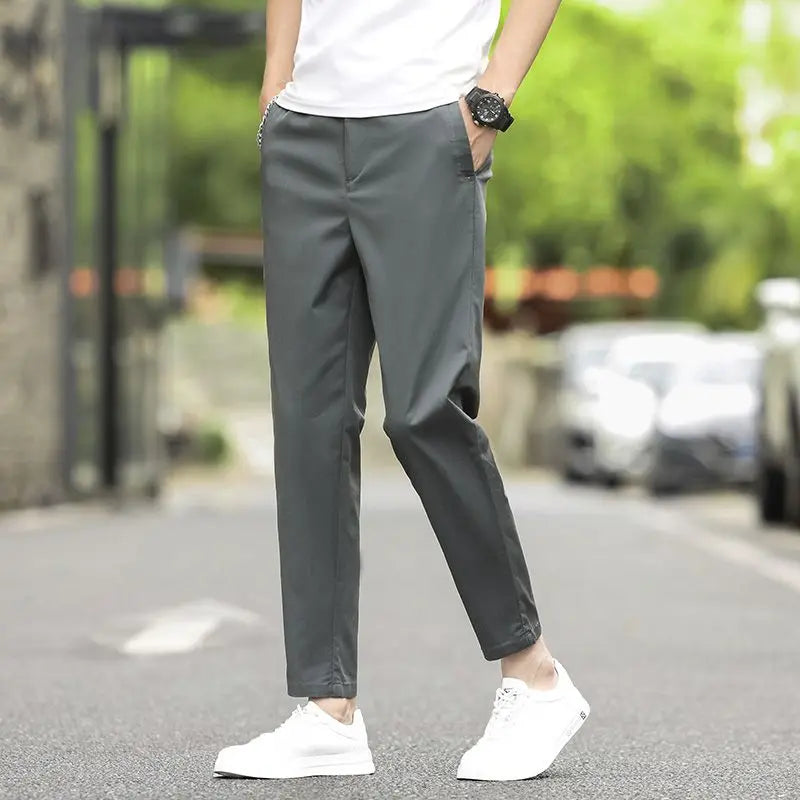 Men's Ankle-Length Straight Fit Pants – Slim Fit Thin Trousers for Men