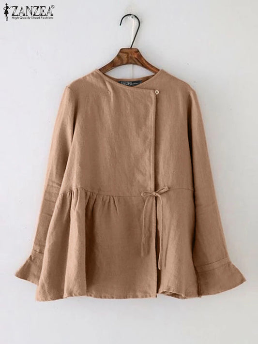 ZANZEA Vintage Women’s Long Flare Sleeve Cotton Blouse