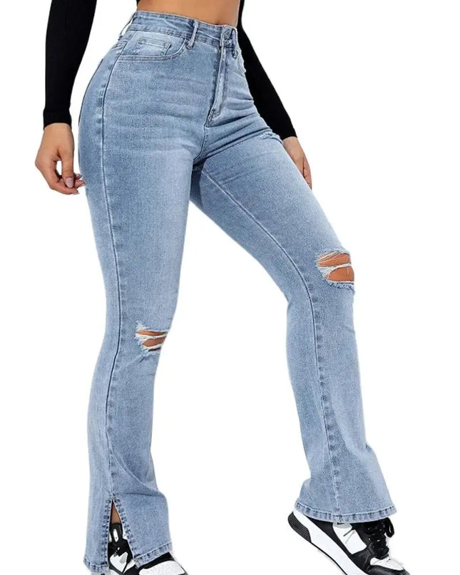 Women's Slim Fit High Waist Ripped Jeans with Leg Slits