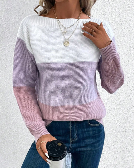 Elegant Three-Color Patchwork Knit Sweater for Women